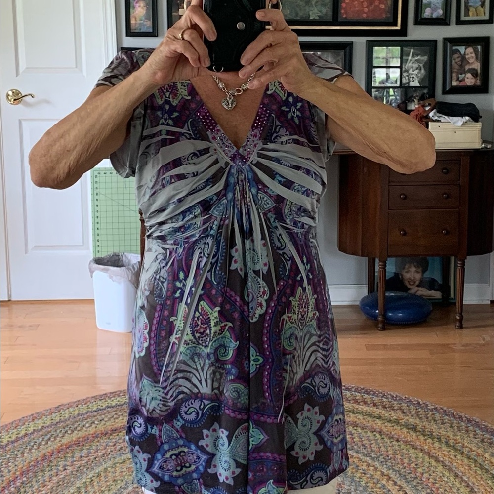 ONE WORLD Purple Gray Ruched Graphic Tunic